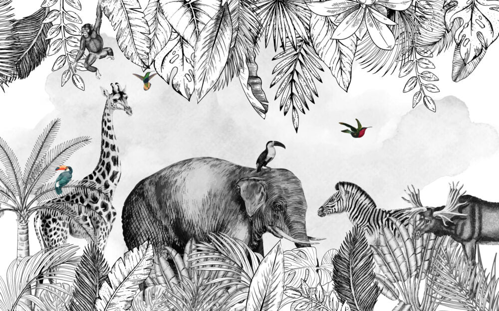 Black White Safari Wallpaper : Sketch Elephant Jungle Mural - View 2