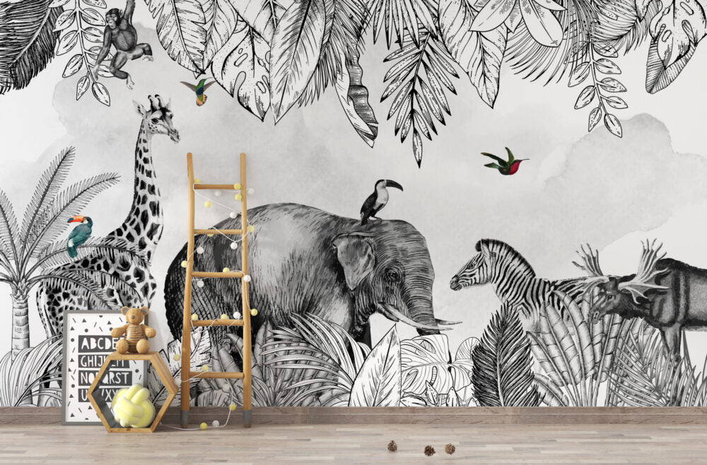 Black White Safari Wallpaper : Sketch Elephant Jungle Mural - View 4