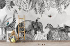 Black White Safari Wallpaper : Sketch Elephant Jungle Mural - View 4