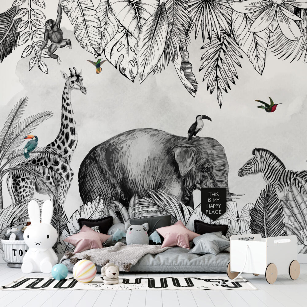 Black White Safari Wallpaper : Sketch Elephant Jungle Mural