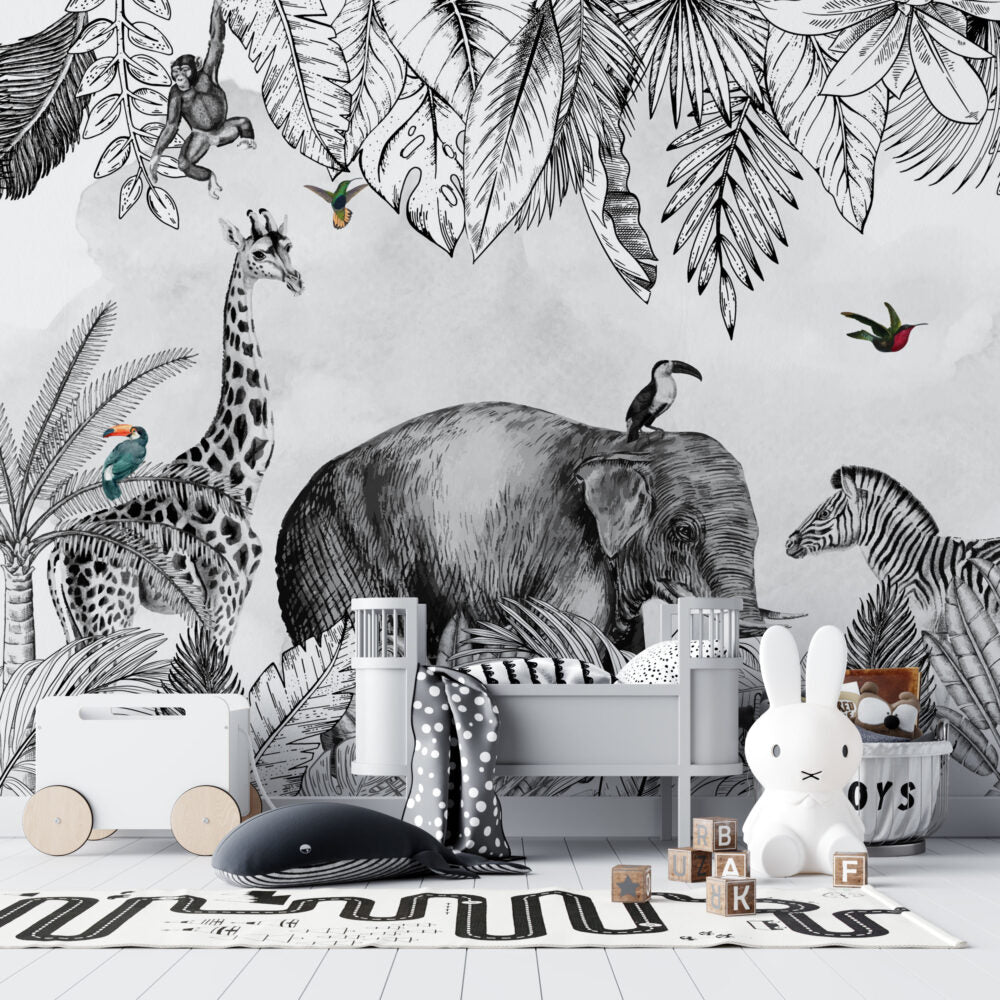 Black White Safari Wallpaper : Sketch Elephant Jungle Mural - View 3