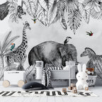 Black White Safari Wallpaper : Sketch Elephant Jungle Mural - View 3