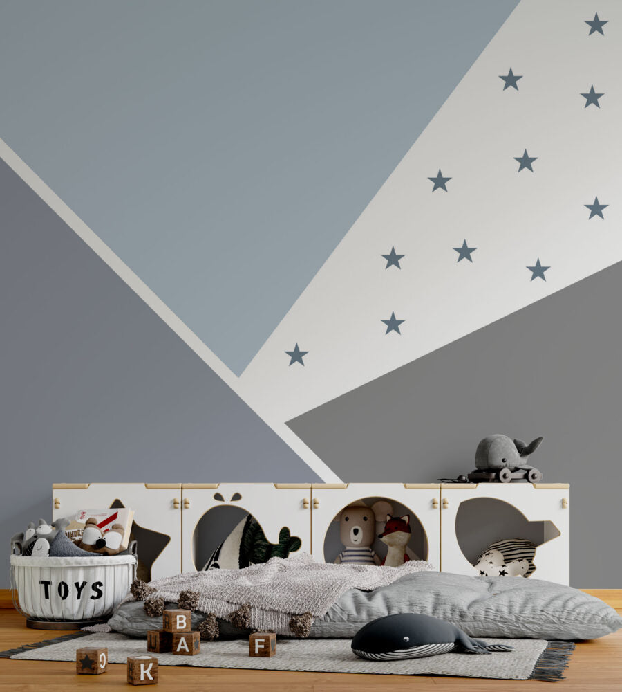 Blue Star Geometric Wallpaper : Grey Triangle Kids Mural - View 4