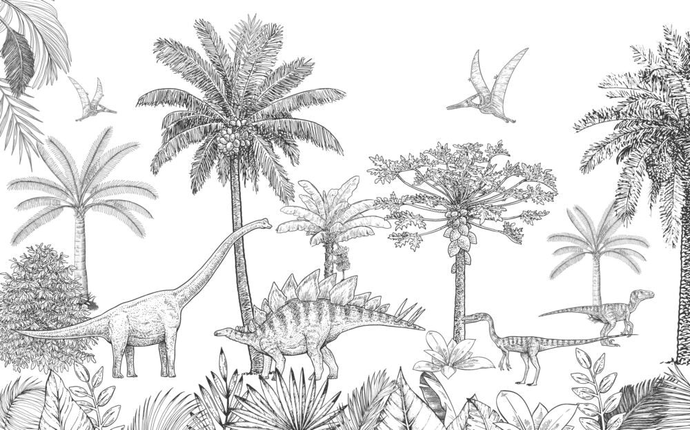 Sketch Dinosaur Jungle Wallpaper : Black White Prehistoric Mural - View 2
