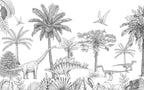 Sketch Dinosaur Jungle Wallpaper : Black White Prehistoric Mural - View 2