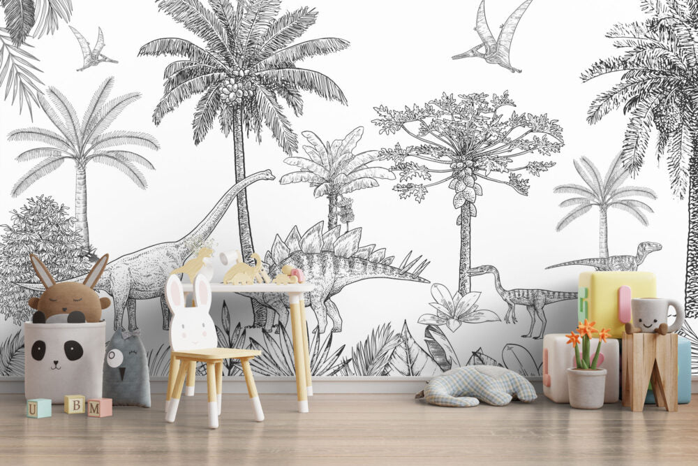 Sketch Dinosaur Jungle Wallpaper : Black White Prehistoric Mural