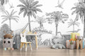 Sketch Dinosaur Jungle Wallpaper : Black White Prehistoric Mural