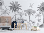Sketch Dinosaur Jungle Wallpaper : Black White Prehistoric Mural - View 4