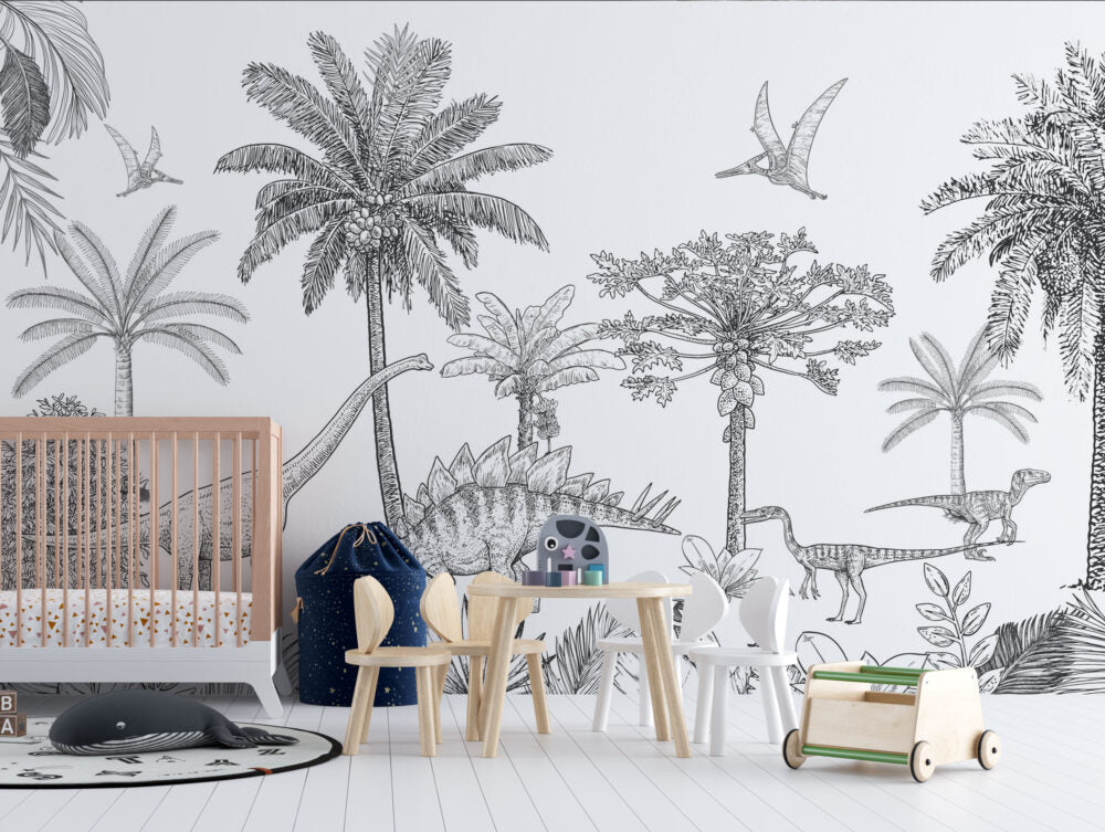 Sketch Dinosaur Jungle Wallpaper : Black White Prehistoric Mural - View 4