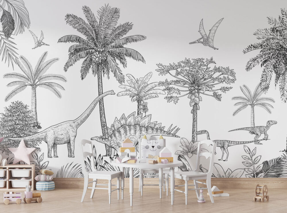 Sketch Dinosaur Jungle Wallpaper : Black White Prehistoric Mural - View 3