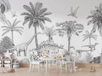 Sketch Dinosaur Jungle Wallpaper : Black White Prehistoric Mural - View 3