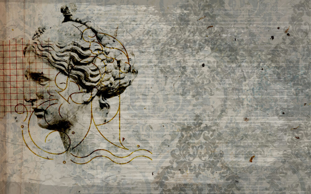 Classical Bust Distressed Wallpaper : Gold Line Vintage Mural - View 2