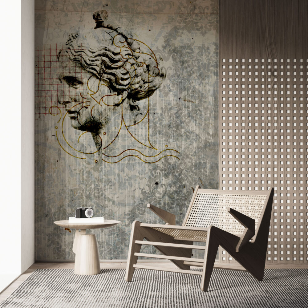 Classical Bust Distressed Wallpaper : Gold Line Vintage Mural