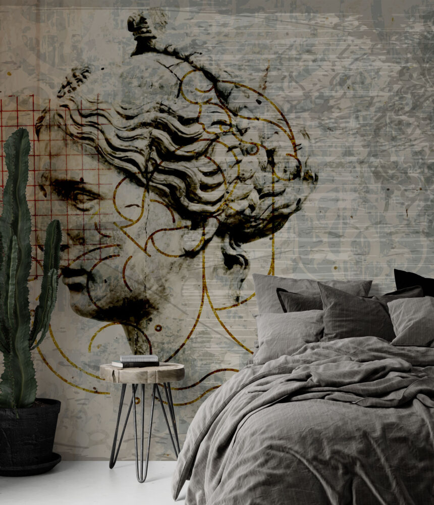 Classical Bust Distressed Wallpaper : Gold Line Vintage Mural - View 4