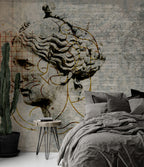 Classical Bust Distressed Wallpaper : Gold Line Vintage Mural - View 4