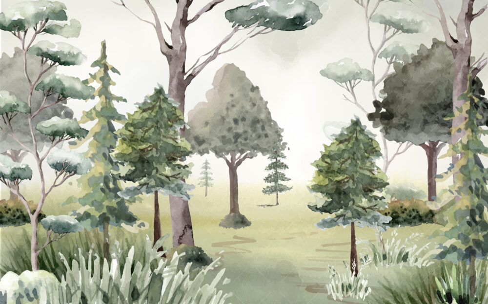 Watercolor Forest Trees Wallpaper : Meadow Woodland Mural - View 2
