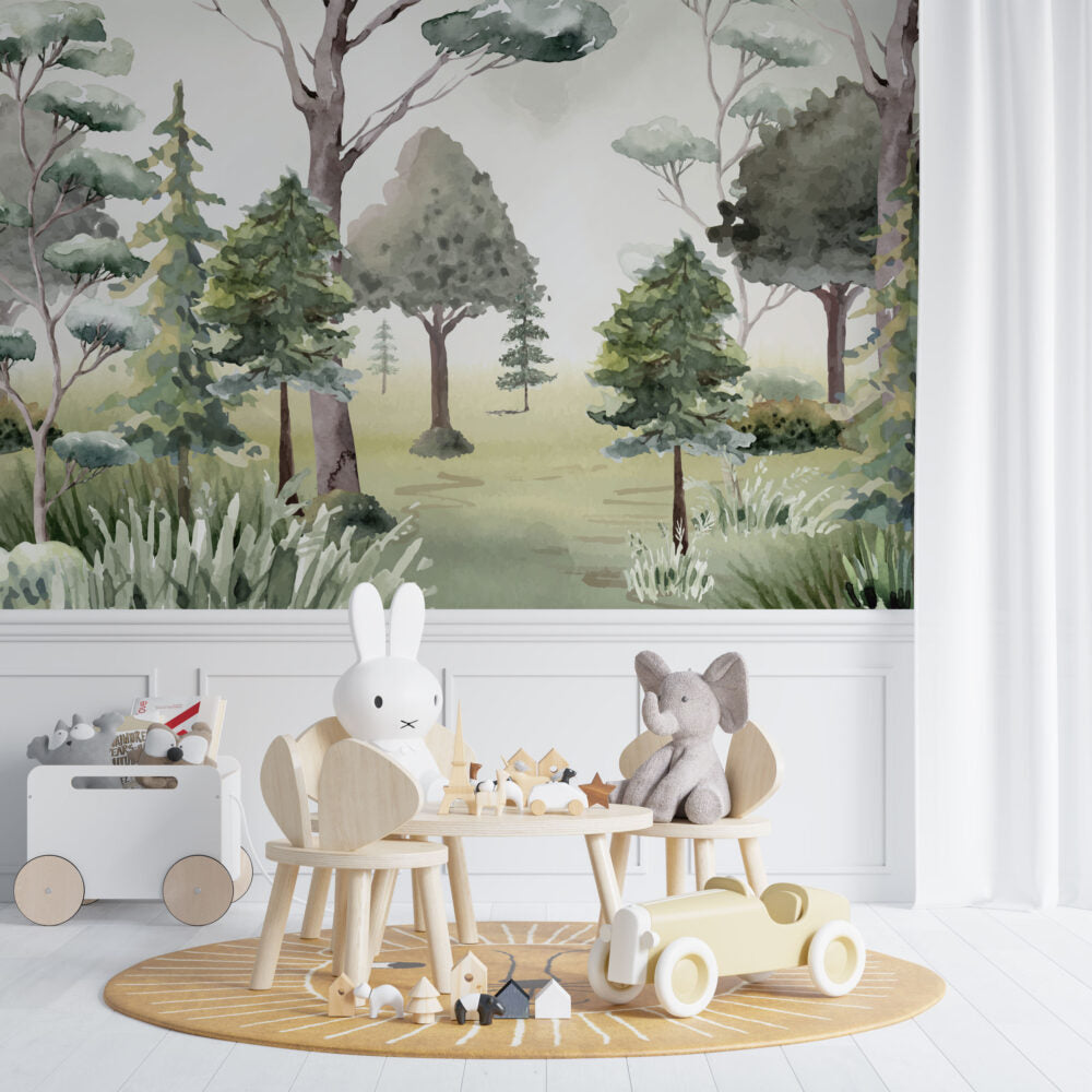 Watercolor Forest Trees Wallpaper : Meadow Woodland Mural - View 3
