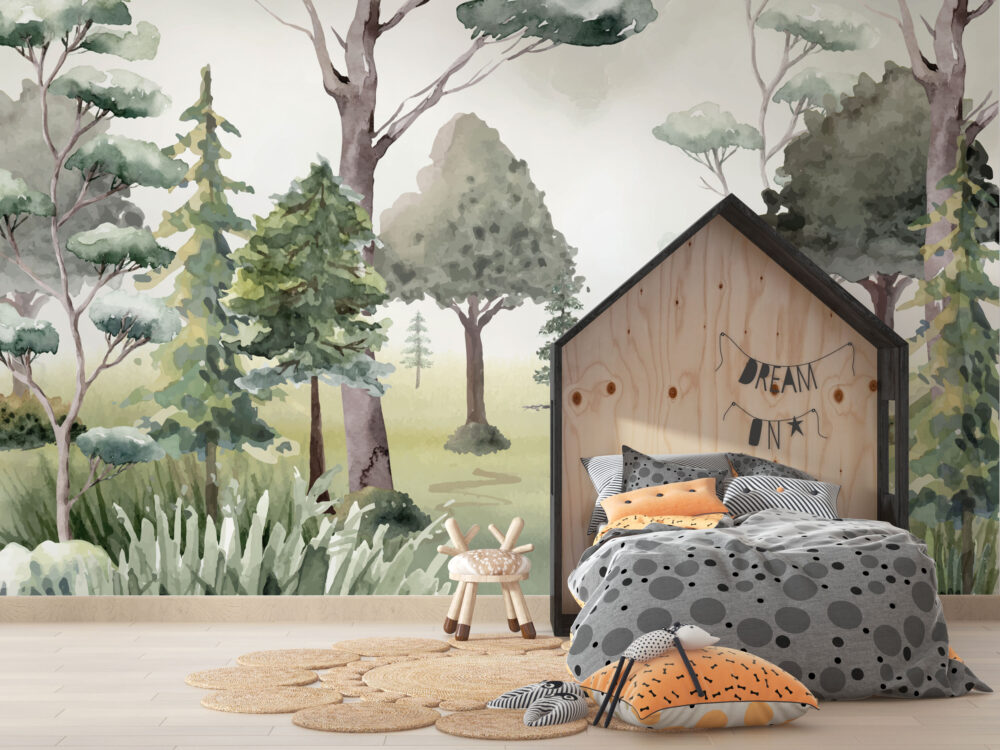 Watercolor Forest Trees Wallpaper : Meadow Woodland Mural - View 4