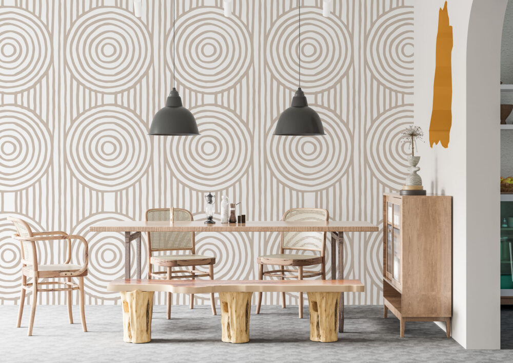 Boho Arc Line Wallpaper : Beige Concentric Circle Pattern - View 4