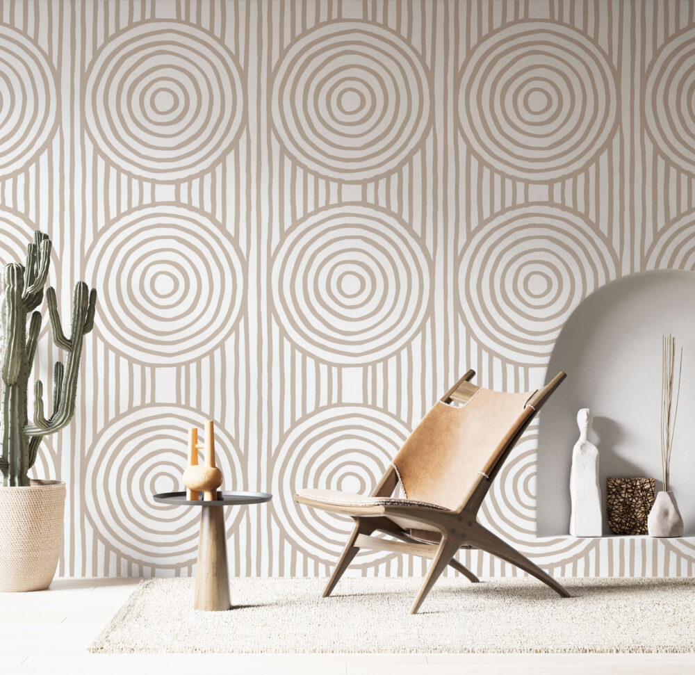 Boho Arc Line Wallpaper : Beige Concentric Circle Pattern