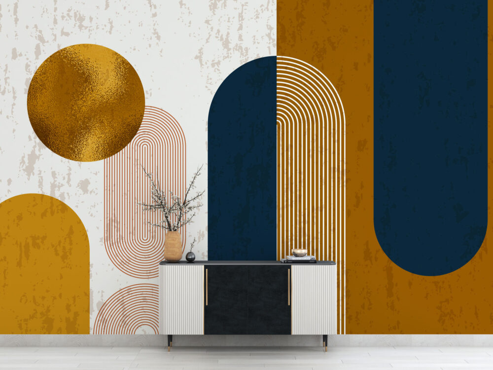 Boho Arches Wallpaper : Navy And Ochre Geometric Mural - View 4