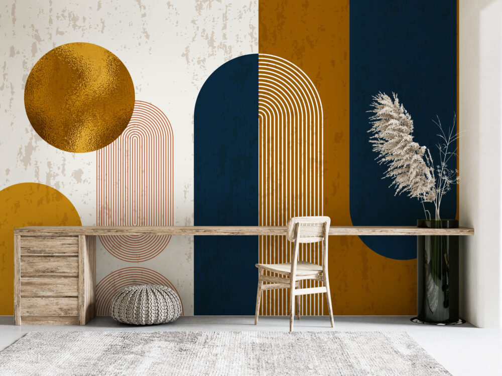 Boho Arches Wallpaper : Navy And Ochre Geometric Mural - View 3
