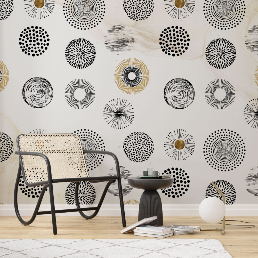 Black Dandelion Circles Wallpaper : Modern Graphic Burst Pattern Mural