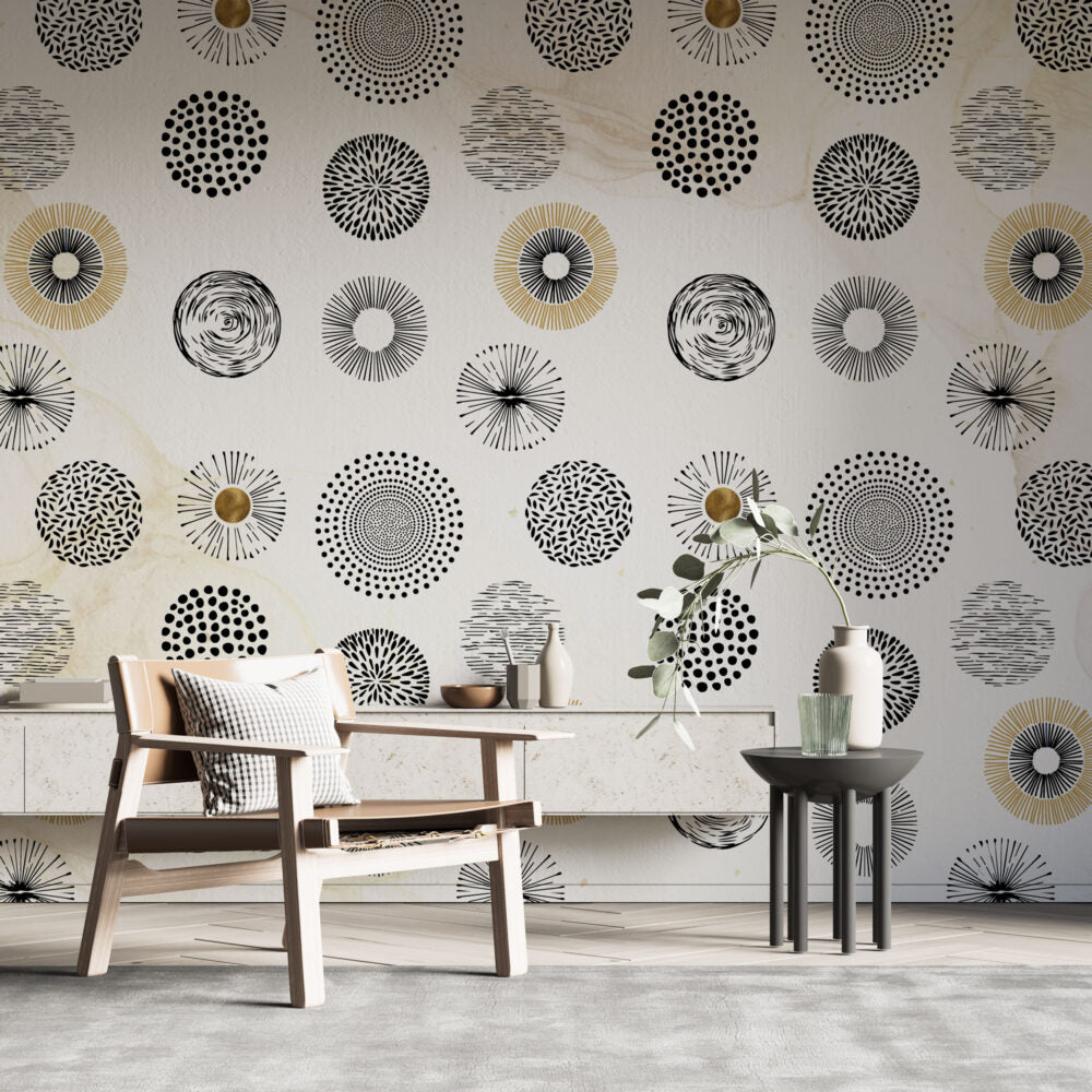 Black Dandelion Circles Wallpaper : Modern Graphic Burst Pattern Mural - View 3