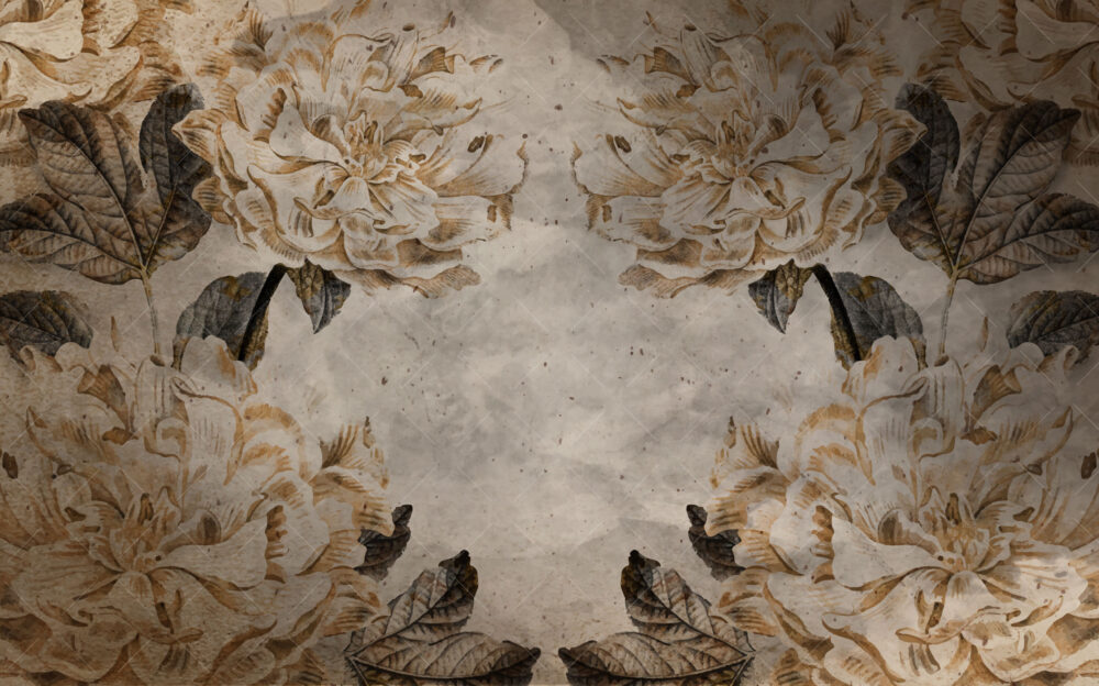 Distressed Gold Leaf Wallpaper : Aged Plaster Botanical Frame Mural - View 2