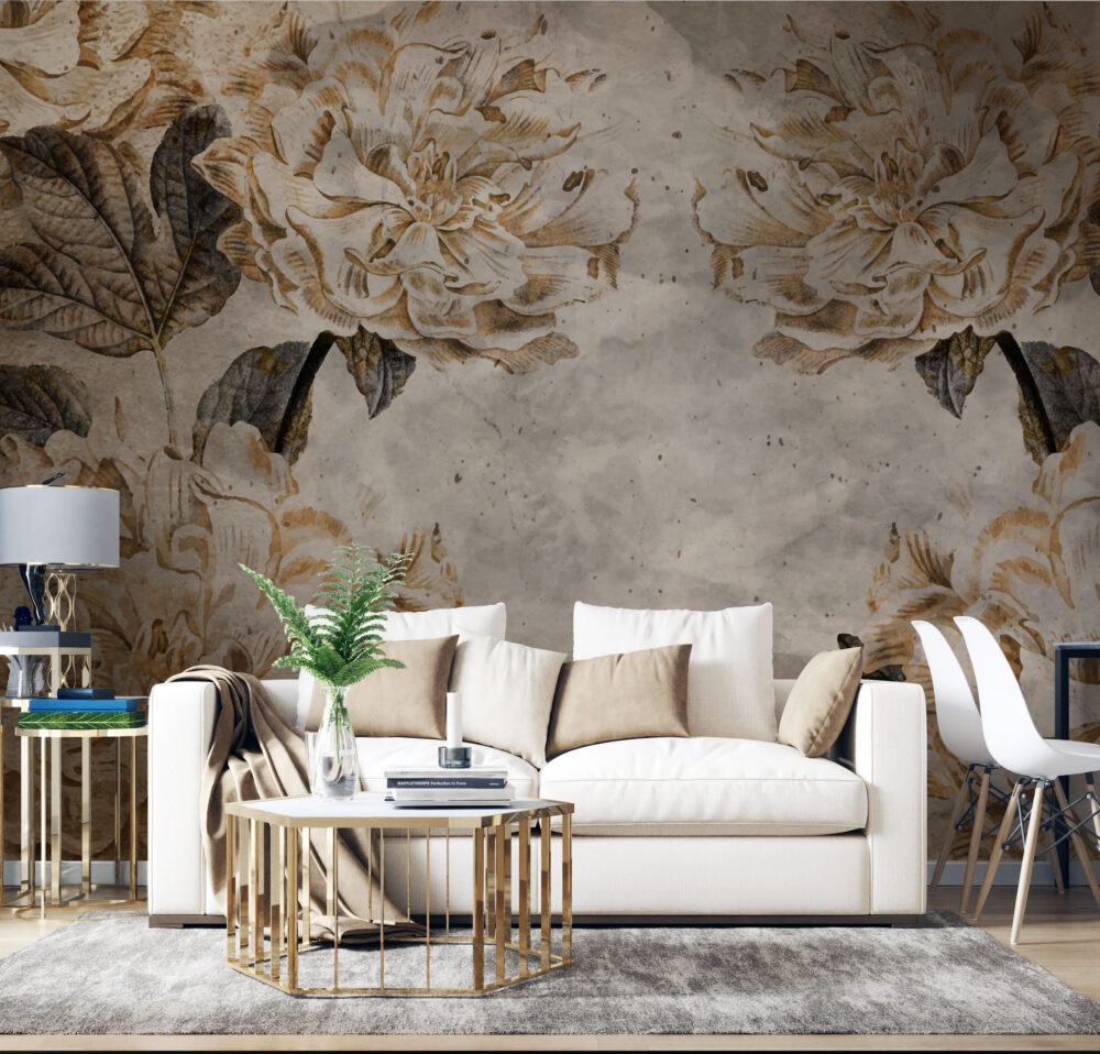 Distressed Gold Leaf Wallpaper : Aged Plaster Botanical Frame Mural - View 3