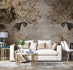 Distressed Gold Leaf Wallpaper : Aged Plaster Botanical Frame Mural - View 3