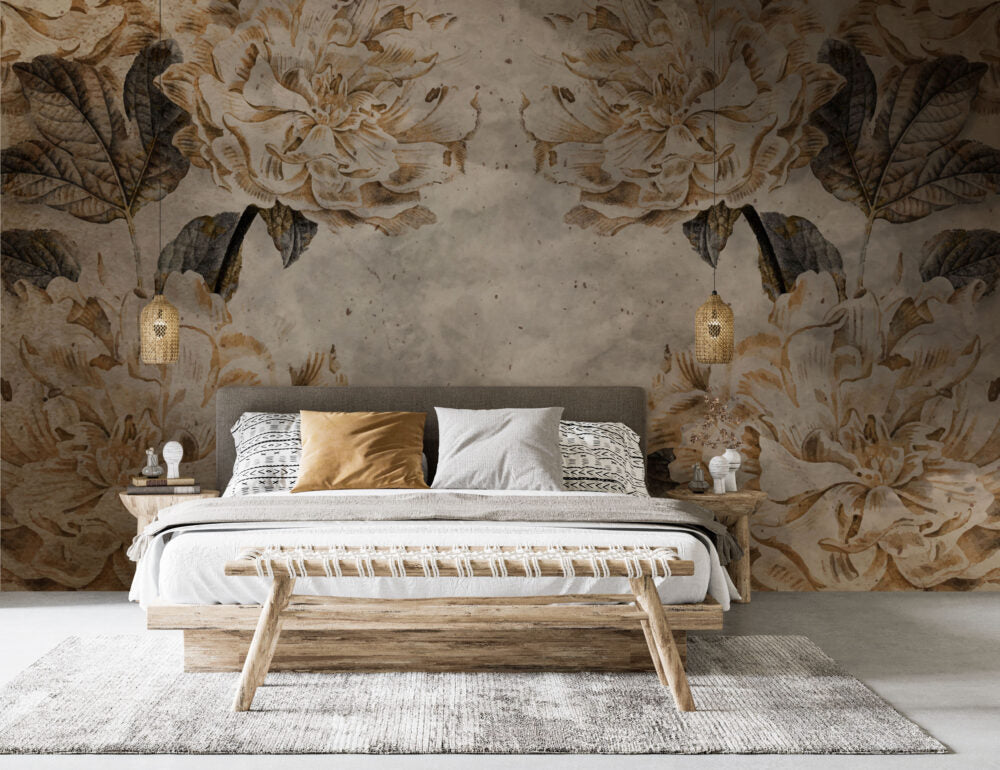Distressed Gold Leaf Wallpaper : Aged Plaster Botanical Frame Mural