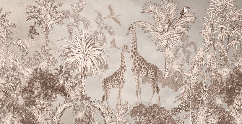 Sepia Giraffe Jungle Wallpaper : Soft Tropical Safari Mural - View 2