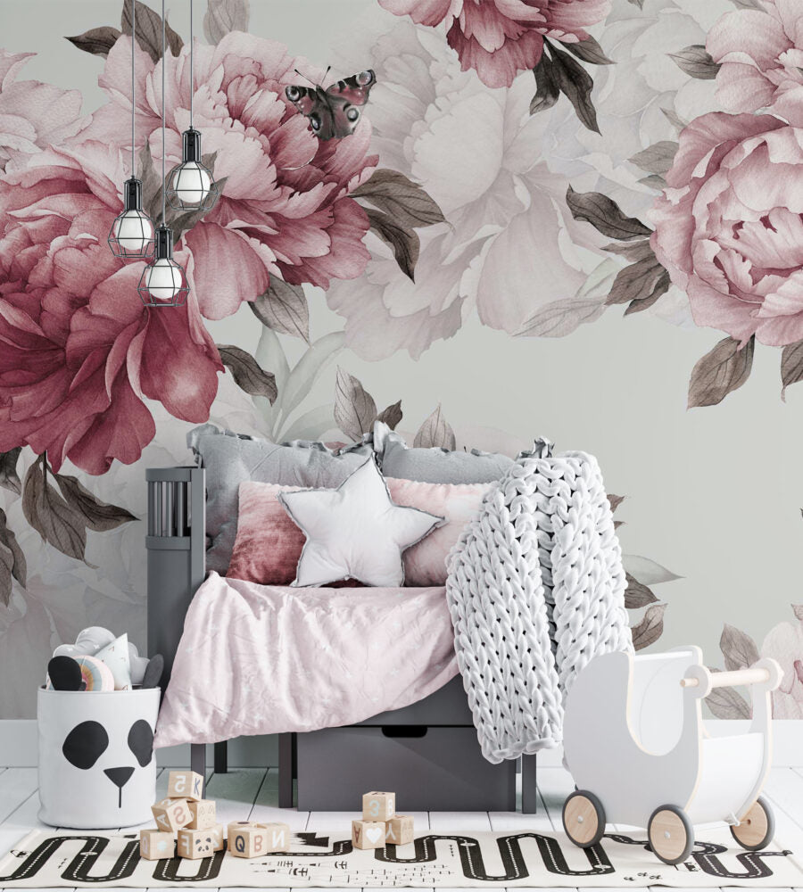 Blush Peony Border Wallpaper : Soft Watercolor Floral Mural - View 4