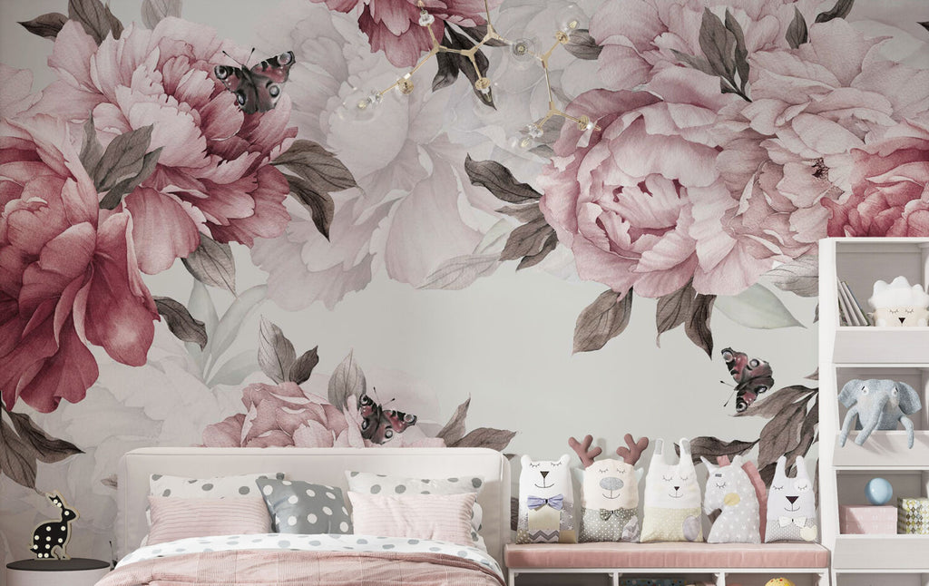 Blush Peony Border Wallpaper : Soft Watercolor Floral Mural