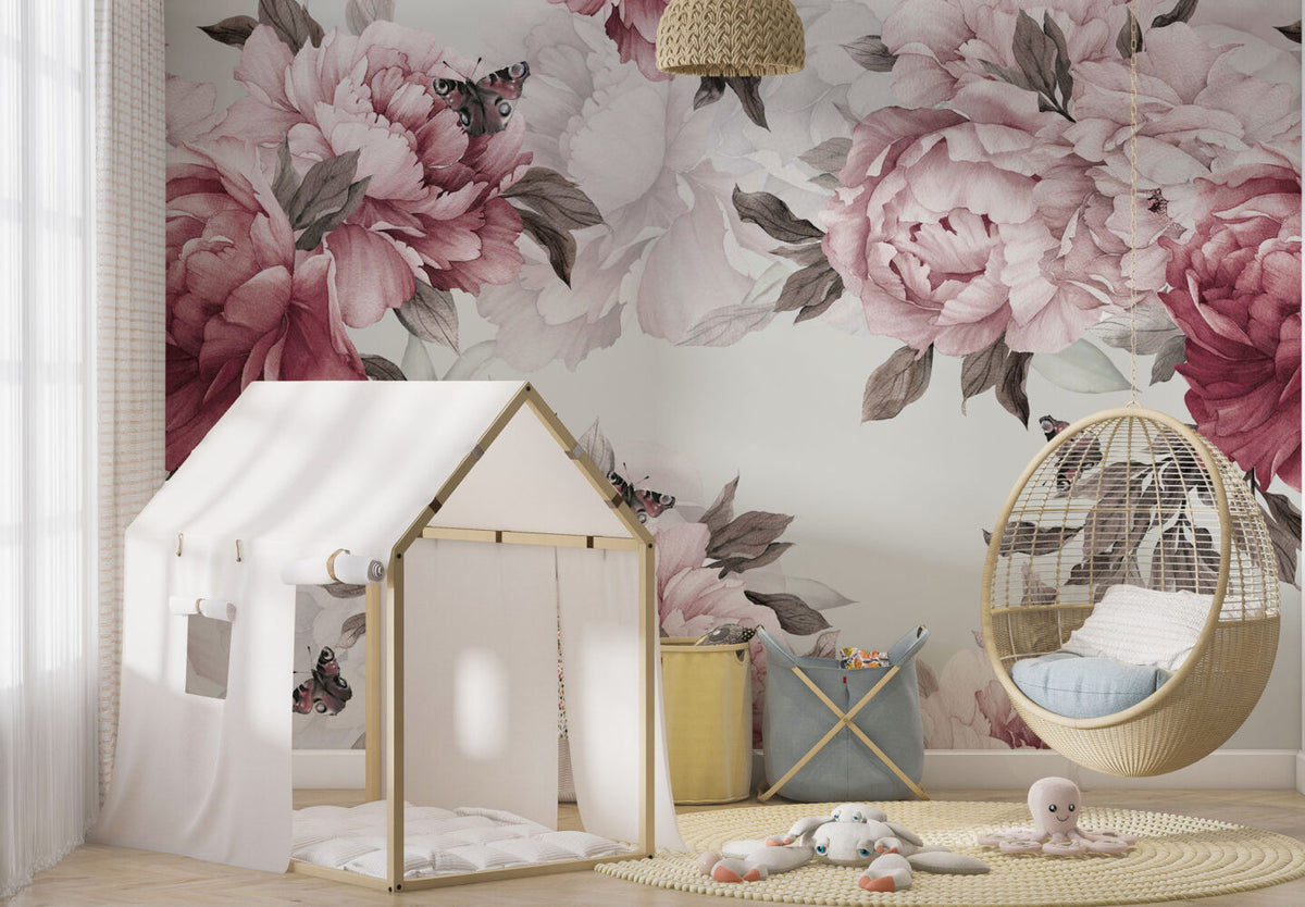 Blush Peony Border Wallpaper : Soft Watercolor Floral Mural - View 3