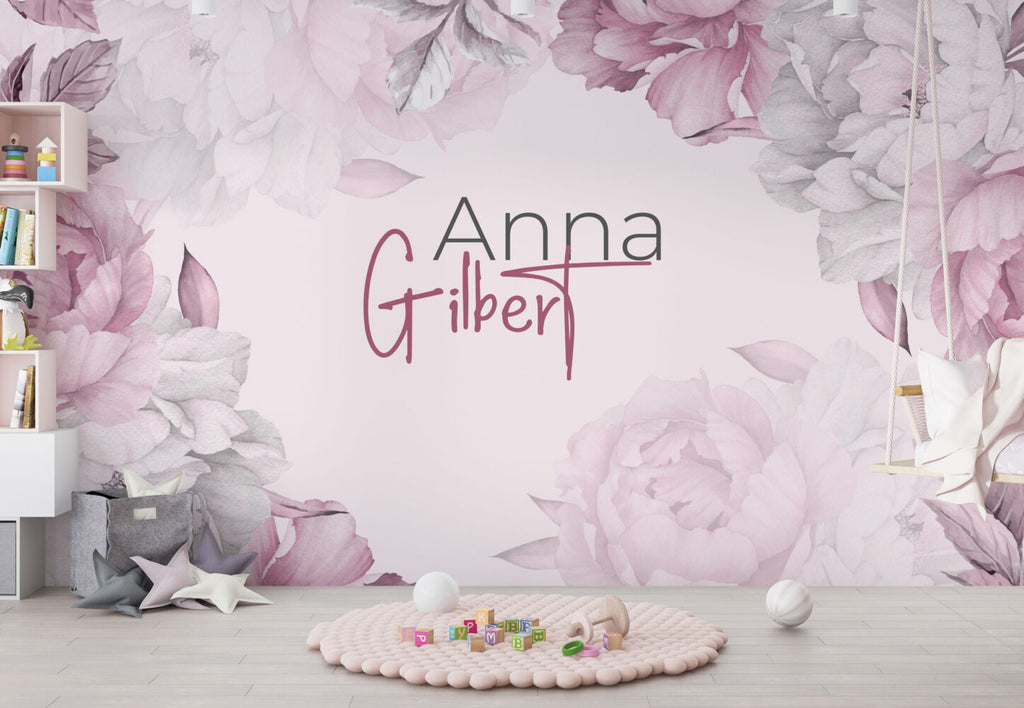 Personalized Name Peony Wallpaper : Pink Floral Custom Name Mural - View 4