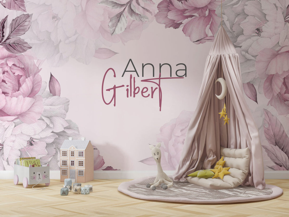 Personalized Name Peony Wallpaper : Pink Floral Custom Name Mural - View 3