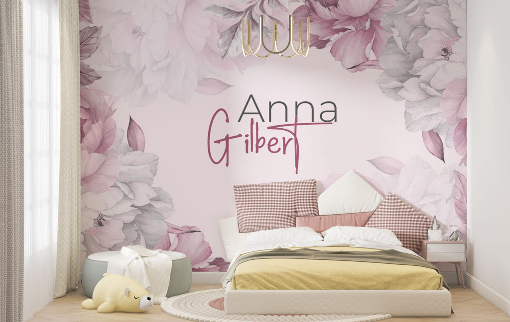 Personalized Name Peony Wallpaper : Pink Floral Custom Name Mural