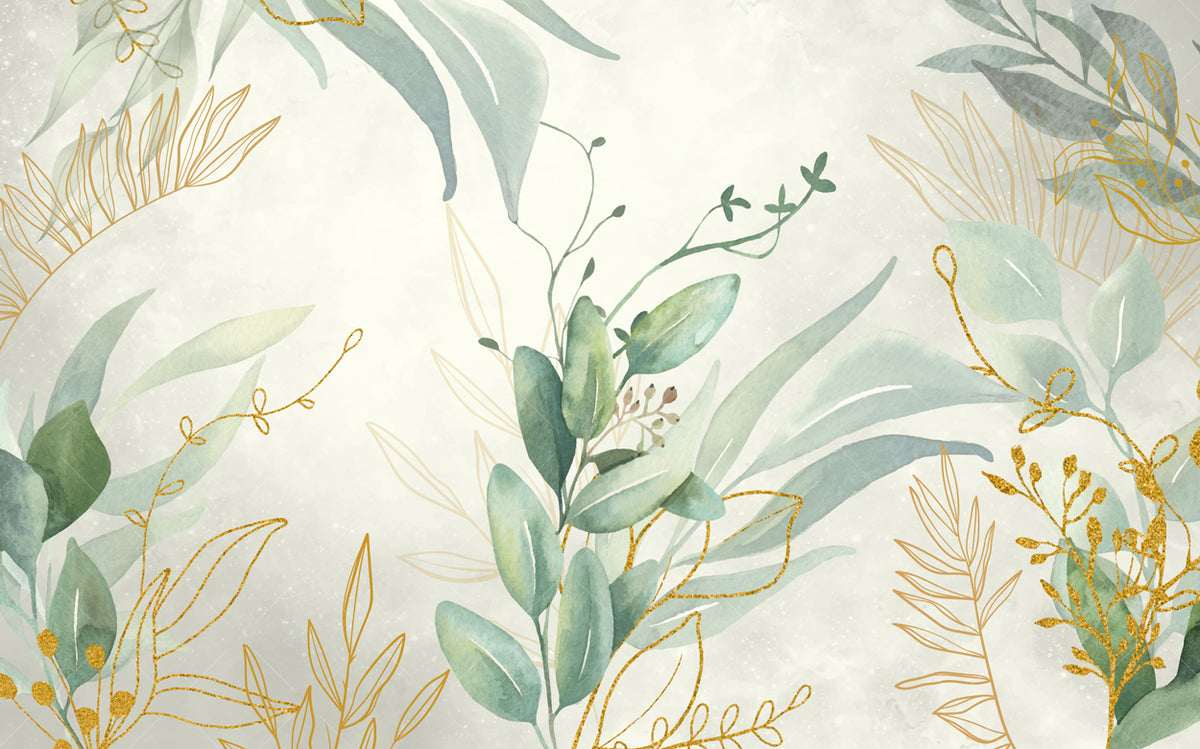 Watercolor Eucalyptus Wallpaper : Soft Green Gold Leaf Mural - View 2