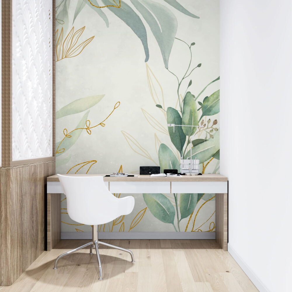 Watercolor Eucalyptus Wallpaper : Soft Green Gold Leaf Mural - View 4