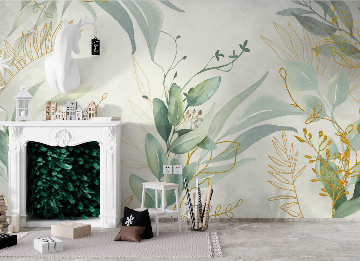Watercolor Eucalyptus Wallpaper : Soft Green Gold Leaf Mural