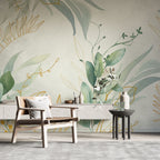 Watercolor Eucalyptus Wallpaper : Soft Green Gold Leaf Mural - View 3