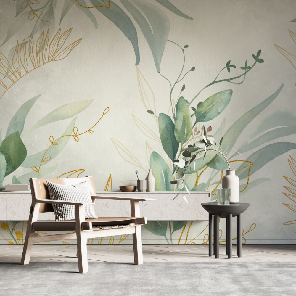Watercolor Eucalyptus Wallpaper : Soft Green Gold Leaf Mural - View 3