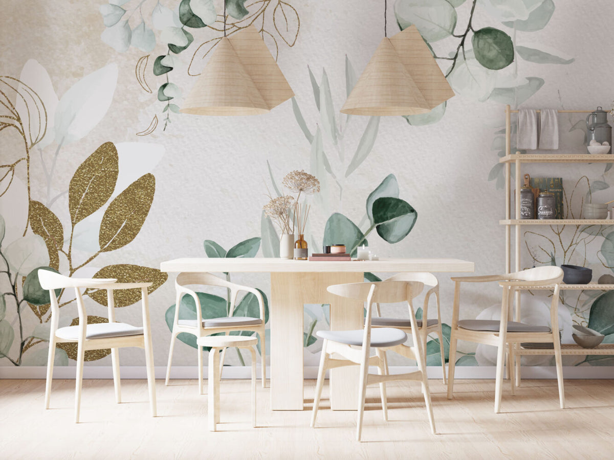 Eucalyptus Gold Leaf Wallpaper : Sage Watercolor Botanical Mural - View 3