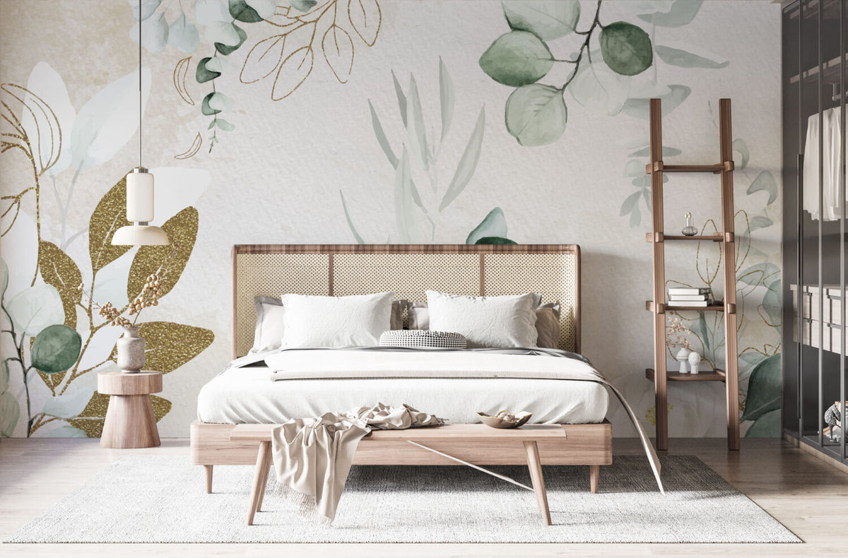 Eucalyptus Gold Leaf Wallpaper : Sage Watercolor Botanical Mural