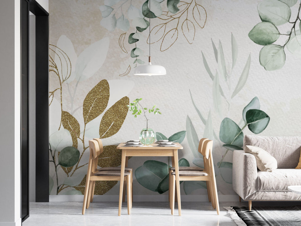 Eucalyptus Gold Leaf Wallpaper : Sage Watercolor Botanical Mural - View 2