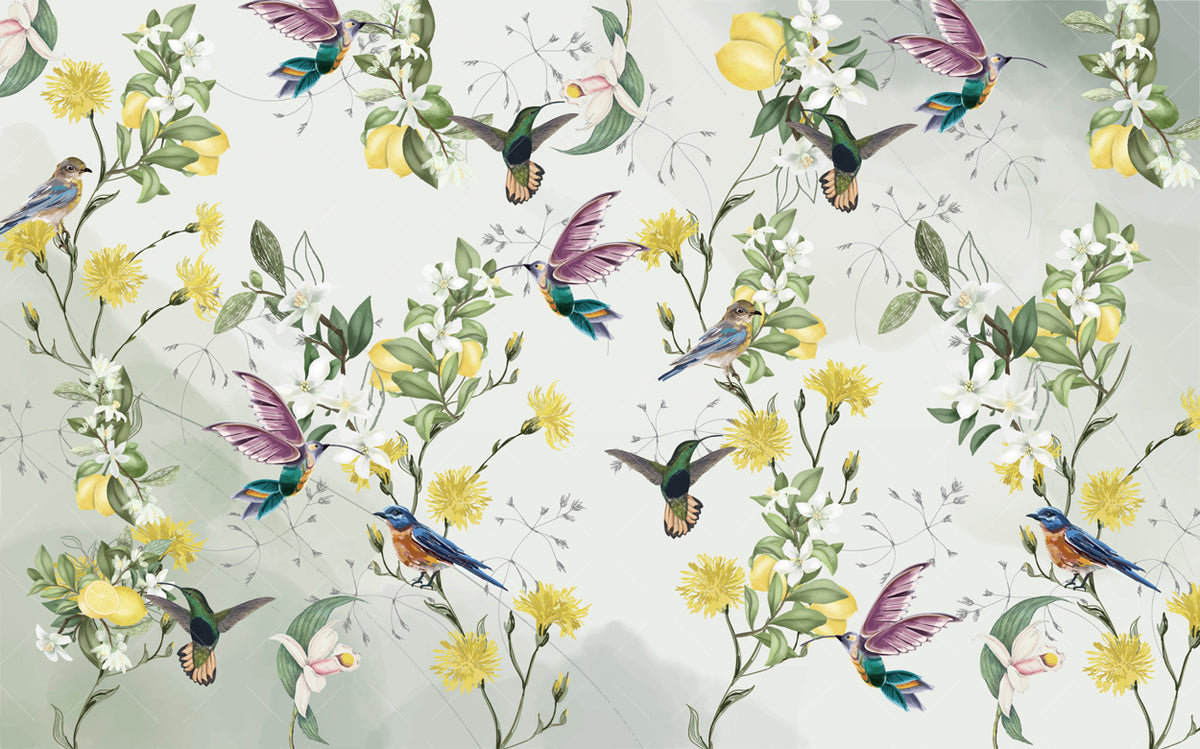 Lemon Tree Hummingbird Wallpaper : Bright Botanical Bird Pattern - View 2