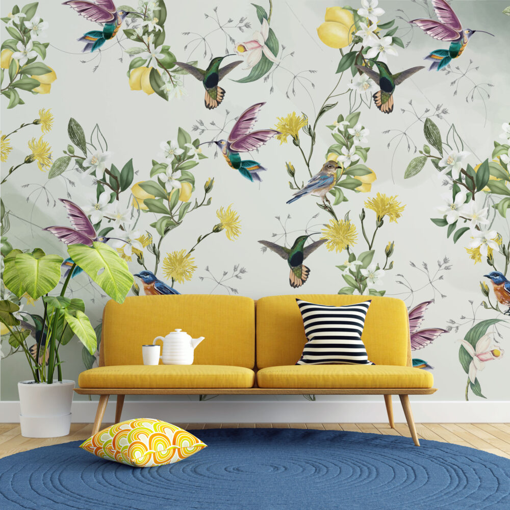 Lemon Tree Hummingbird Wallpaper : Bright Botanical Bird Pattern