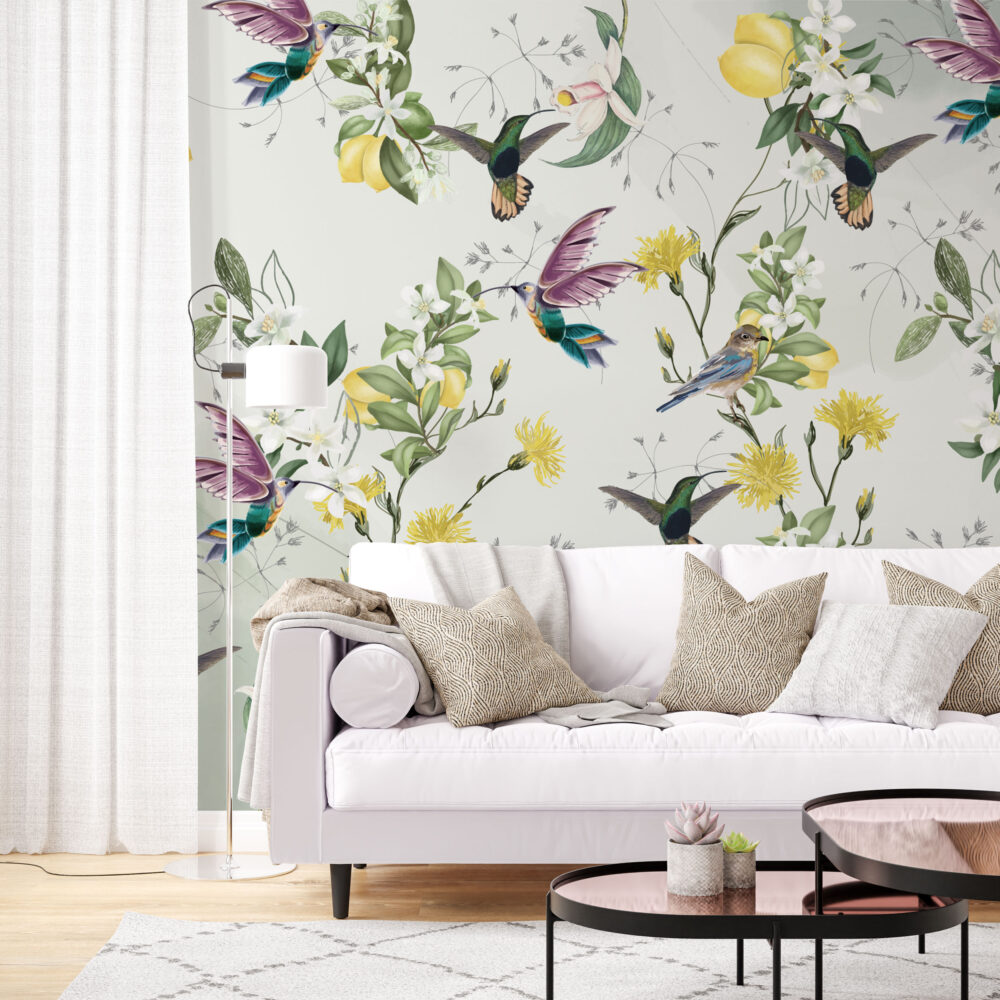 Lemon Tree Hummingbird Wallpaper : Bright Botanical Bird Pattern - View 4